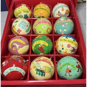 Crate and Barrel 12 Days of Christmas Ornaments Papier Mache Folk Art In Box
